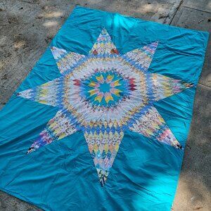 VIntage 30s Depression Floral Feed Sack Lone Star Blue Coverlet Bedspread 90x67